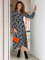 Pour Moi Black Venetia Jersey Hanky Hem Collared Midi Dress - Image 1 of 5