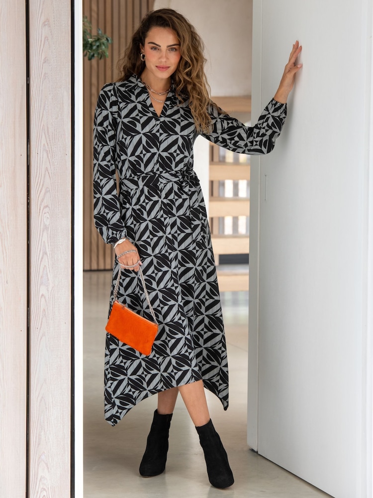 Pour Moi Black Venetia Jersey Hanky Hem Collared Midi Dress - Image 1 of 5