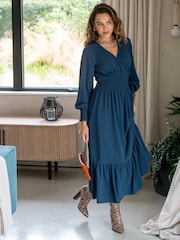 Pour Moi Blue Carmen Fuller Bust Woven Elasticated Neckline Long Sleeve Midaxi Dress - Image 1 of 4