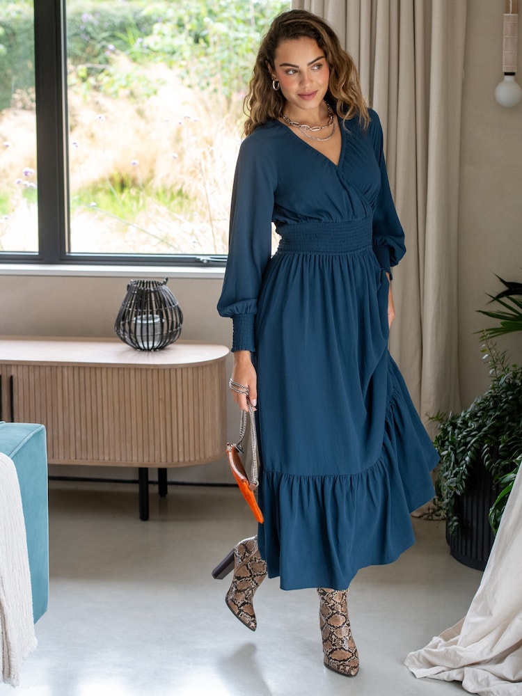 Pour Moi Blue Carmen Fuller Bust Woven Elasticated Neckline Long Sleeve Midaxi Dress - Image 1 of 4