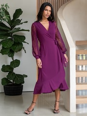 Pour Moi Purple Carrie Lace Sleeve Midi Slinky Jersey Wrap Dress - Image 1 of 4