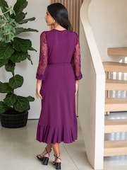 Pour Moi Purple Carrie Lace Sleeve Midi Slinky Jersey Wrap Dress - Image 2 of 4