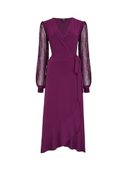 Pour Moi Purple Carrie Lace Sleeve Midi Slinky Jersey Wrap Dress - Image 3 of 4