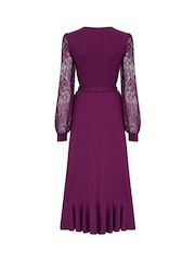 Pour Moi Purple Carrie Lace Sleeve Midi Slinky Jersey Wrap Dress - Image 4 of 4