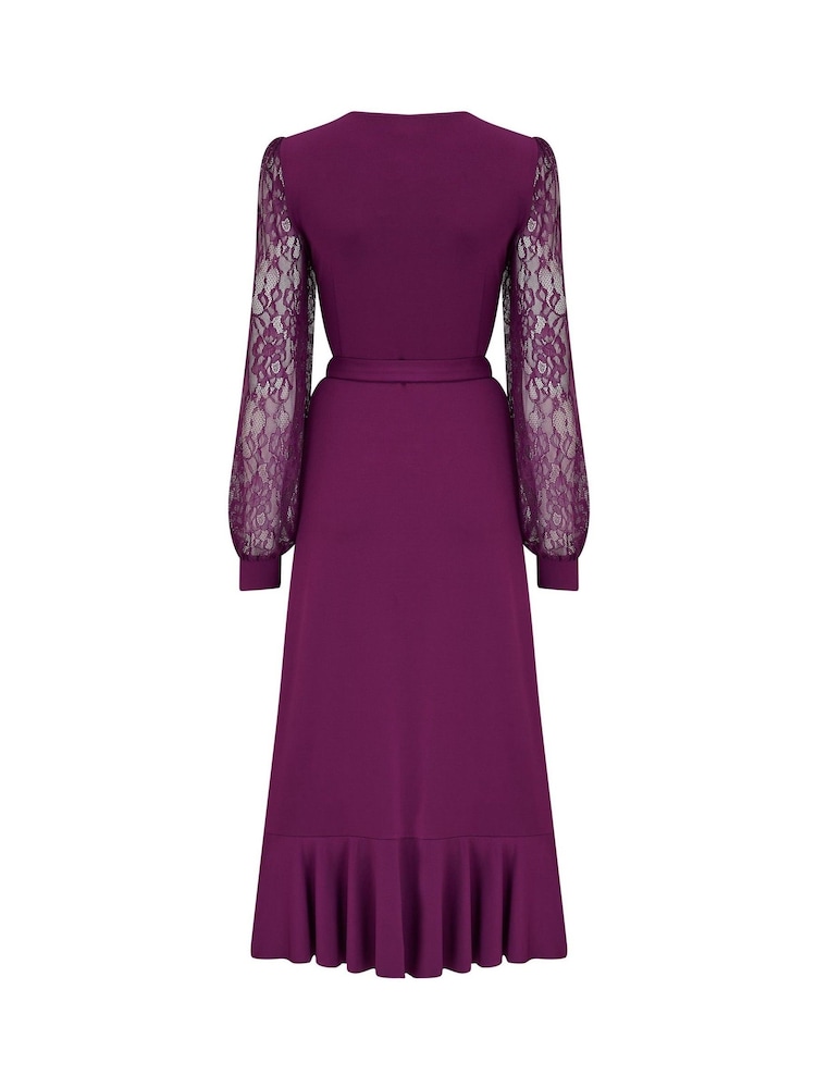 Pour Moi Purple Carrie Lace Sleeve Midi Slinky Jersey Wrap Dress - Image 4 of 4