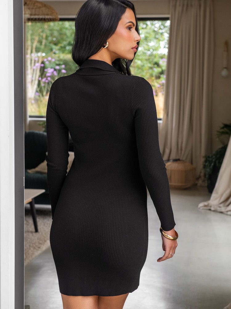 Pour Moi Black Beth Rib Knit Mini Dress with Viscose - Image 2 of 4