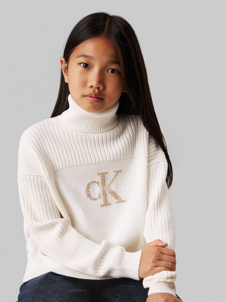 Calvin Klein White Monologo Roll Neck Jumper - Image 1 of 5