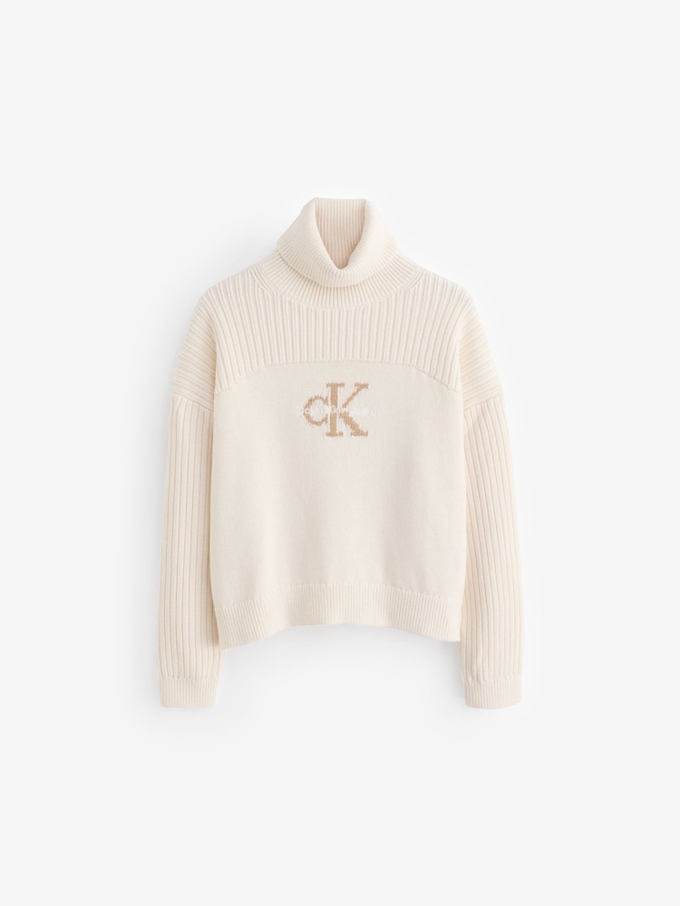 Calvin Klein White Monologo Roll Neck Jumper - Image 5 of 5 Calvin Klein White Monologo Roll Neck Jumper - Image 5 of 5