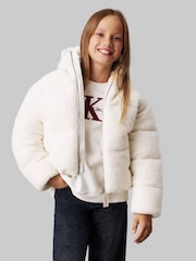 Calvin Klein White Teddy Hooded Puffer Jacket - Image 1 of 4