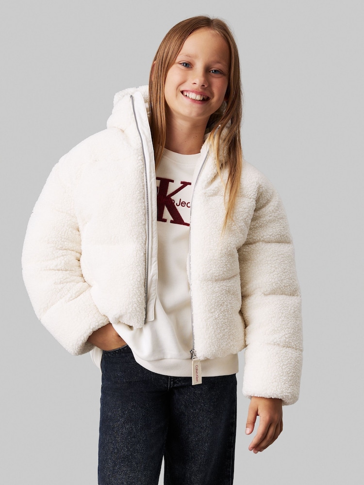 Calvin Klein White Teddy Hooded Puffer Jacket - Image 1 of 4
