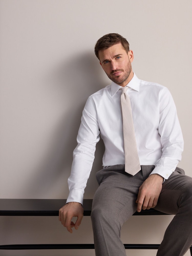 White Slim Fit Signature 100% Cotton with Textured Smart Shirt - Image 2 of 8 White Slim Fit Signature 100% Cotton with Textured Smart Shirt - Image 2 of 8