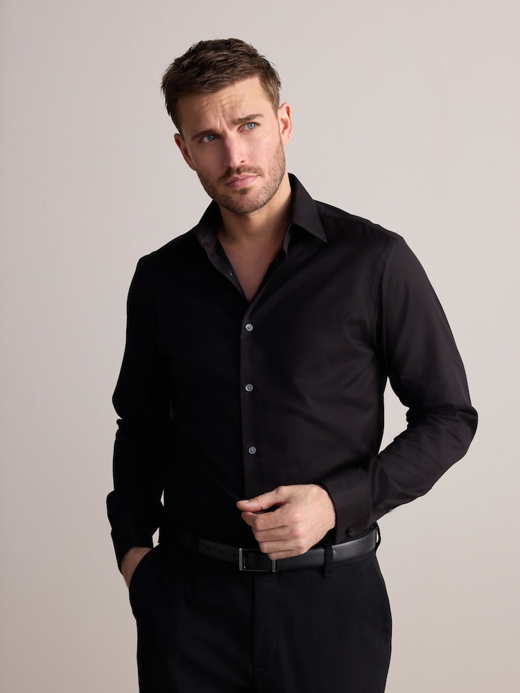 Black Slim Fit Signature Premium 100% Cotton Textured Smart Shirt - Image 1 of 8 Black Slim Fit Signature Premium 100% Cotton Textured Smart Shirt - Image 1 of 8