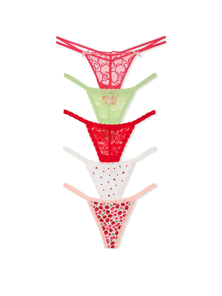 Victoria's Secret PINK Red/Green/White/Pink 5 Pack Lace Knickers - Image 1 of 2