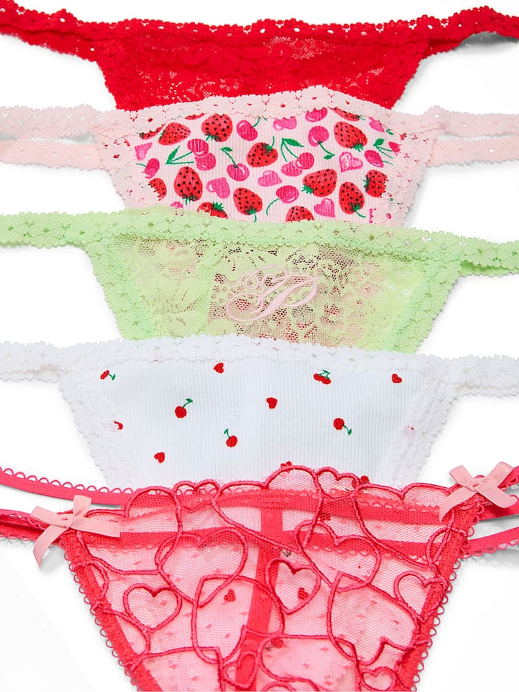 Victoria's Secret PINK Red/Green/White/Pink 5 Pack Lace Knickers - Image 2 of 2