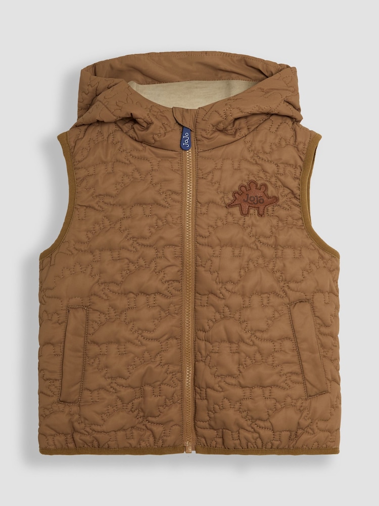 JoJo Maman Bébé Brown Dinosaur Quilted Puffer Gilet - Image 1 of 3 JoJo Maman Bébé Brown Dinosaur Quilted Puffer Gilet - Image 1 of 3