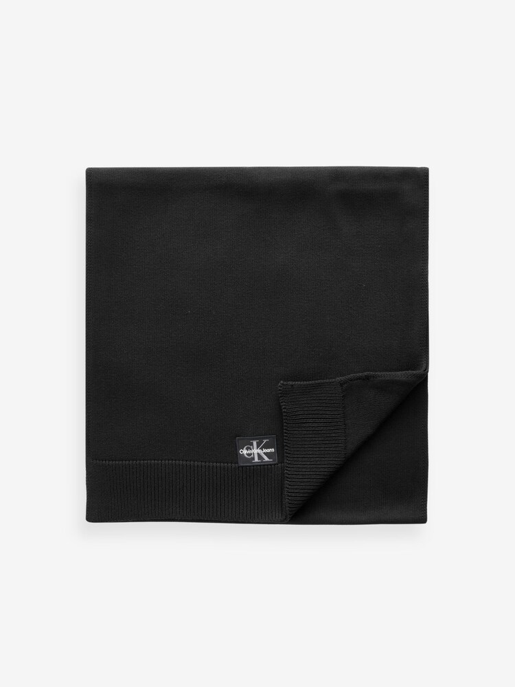 Calvin Klein Black Monogram Logo Patch Scarf - Image 1 of 4 Calvin Klein Black Monogram Logo Patch Scarf - Image 1 of 4