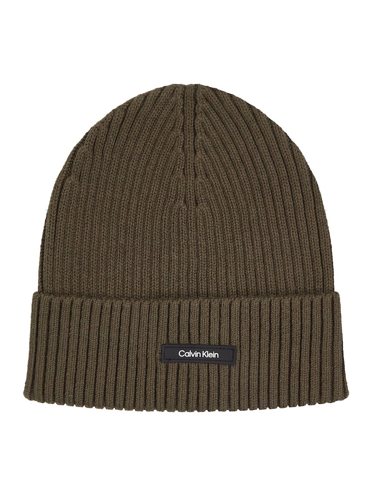Calvin Klein Green Classic Cotton Rib Beanie - Image 1 of 3 Calvin Klein Green Classic Cotton Rib Beanie - Image 1 of 3