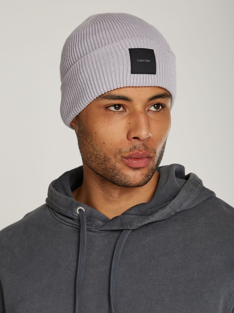 Calvin Klein Grey Cotton Blend Rib Beanie - Image 3 of 3 Calvin Klein Grey Cotton Blend Rib Beanie - Image 3 of 3
