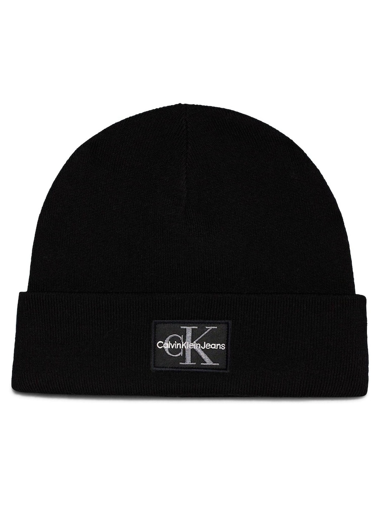 Calvin Klein Black Logo Patch Beanie - Image 2 of 5 Calvin Klein Black Logo Patch Beanie - Image 2 of 5