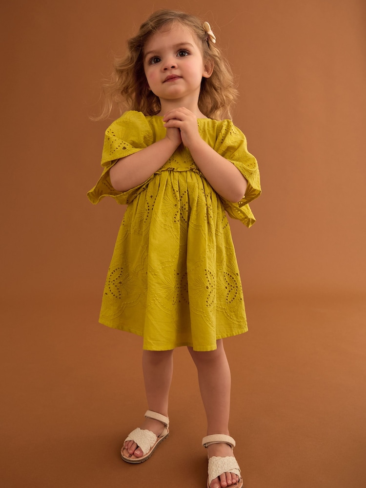 Citrine Yellow Angel Sleeve Broderie Summer Dress (3mths-8yrs) - Image 2 of 8