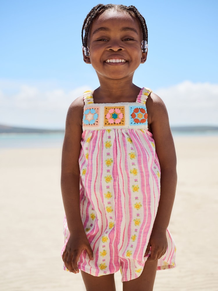 وردي مقلم - Flower Crochet Playsuit (3mths-10yrs) - صورة 1 من 3