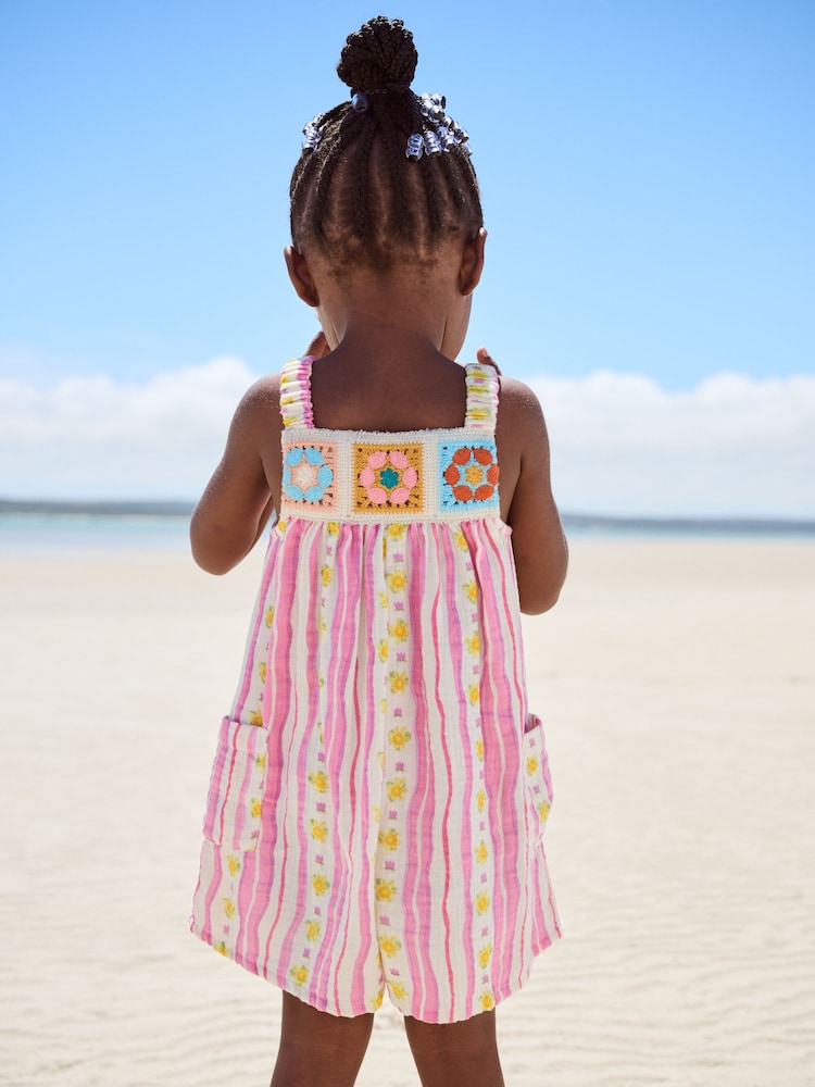 وردي مقلم - Flower Crochet Playsuit (3mths-10yrs) - صورة 3 من 3