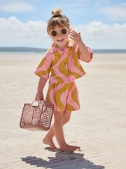 Pink/Ochre Yellow 100% Cotton Shirt And Shorts Co-Ord Set (3mths-10yrs) - Image 1 of 5