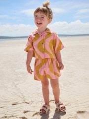 Pink/Ochre Yellow 100% Cotton Shirt And Shorts Co-Ord Set (3mths-10yrs) - Image 2 of 5
