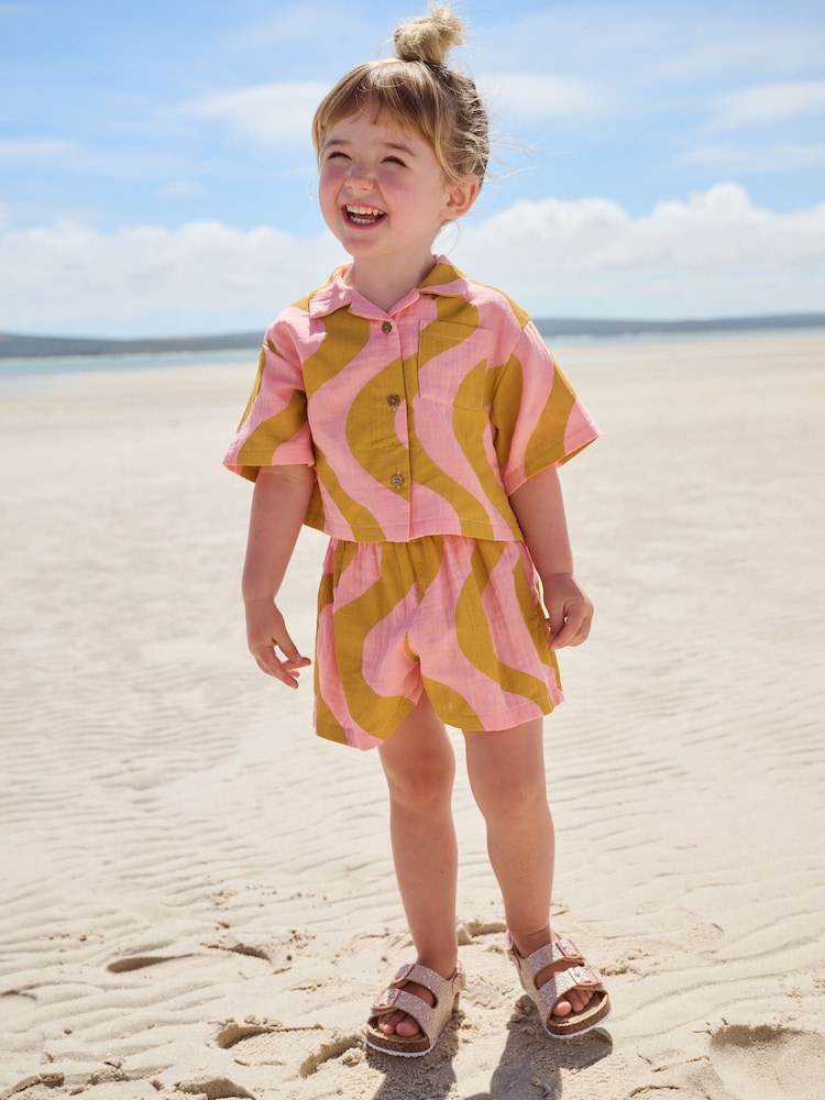 Pink/Ochre Yellow 100% Cotton Shirt And Shorts Co-Ord Set (3mths-10yrs) - Image 2 of 5
