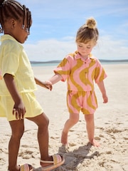 Pink/Ochre Yellow 100% Cotton Shirt And Shorts Co-Ord Set (3mths-10yrs) - Image 3 of 5