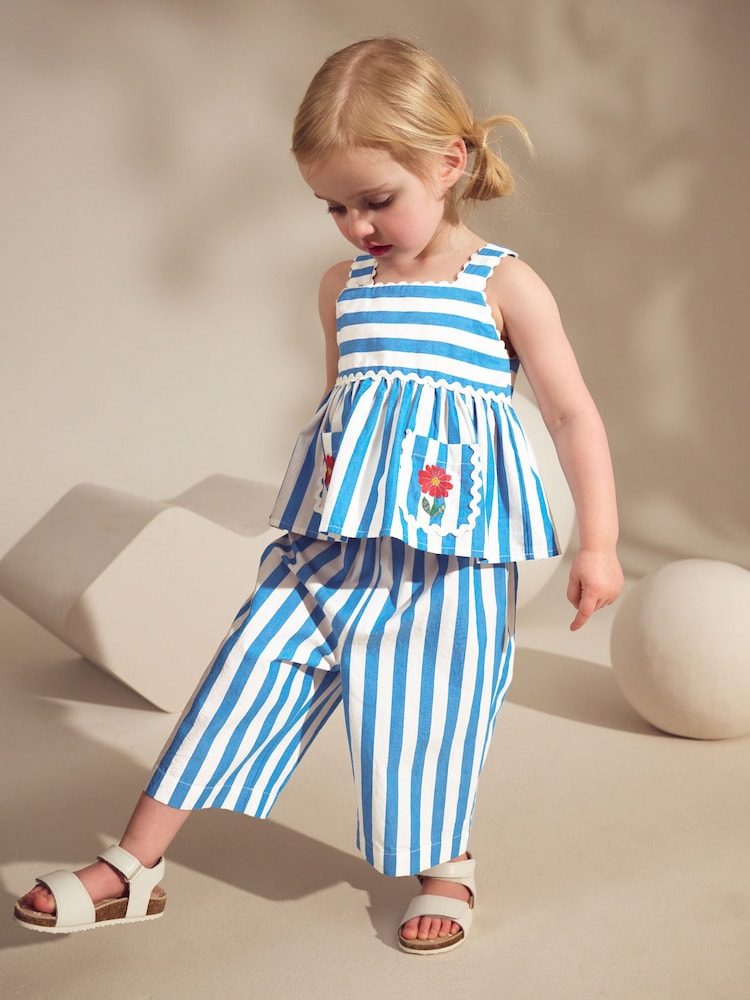 Blue/White Stripe 100% Cotton Blouse And Trousers Co-Ord Set (3mths-8yrs) - Image 1 of 9
