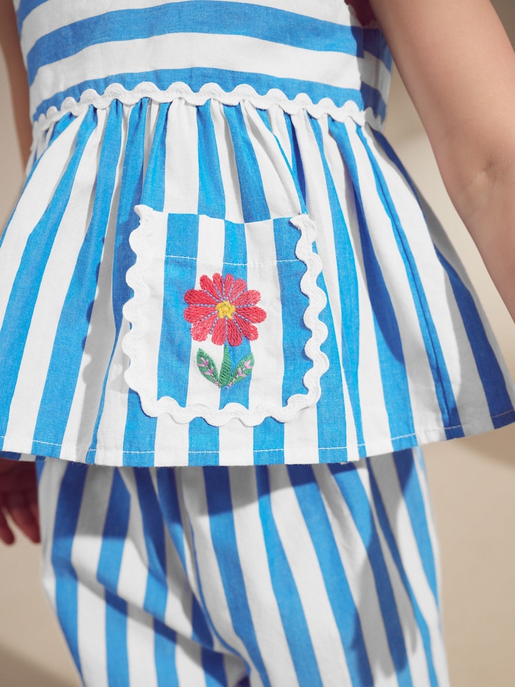 Blue/White Stripe 100% Cotton Blouse And Trousers Co-Ord Set (3mths-8yrs) - Image 4 of 9