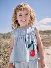 Blue 100% Cotton Denim Blouse And Shorts Co-Ord Set (3mths-8yrs) - Image 2 of 4