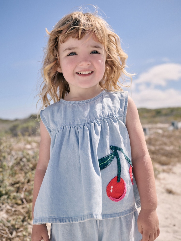 Blue 100% Cotton Denim Blouse And Shorts Co-Ord Set (3mths-8yrs) - Image 2 of 4