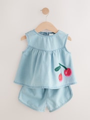 Blue 100% Cotton Denim Blouse And Shorts Co-Ord Set (3mths-8yrs) - Image 5 of 9