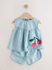 Blue 100% Cotton Denim Blouse And Shorts Co-Ord Set (3mths-8yrs) - Image 6 of 9