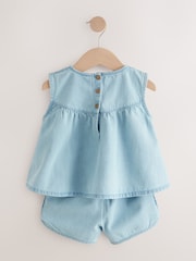 Blue 100% Cotton Denim Blouse And Shorts Co-Ord Set (3mths-8yrs) - Image 7 of 9
