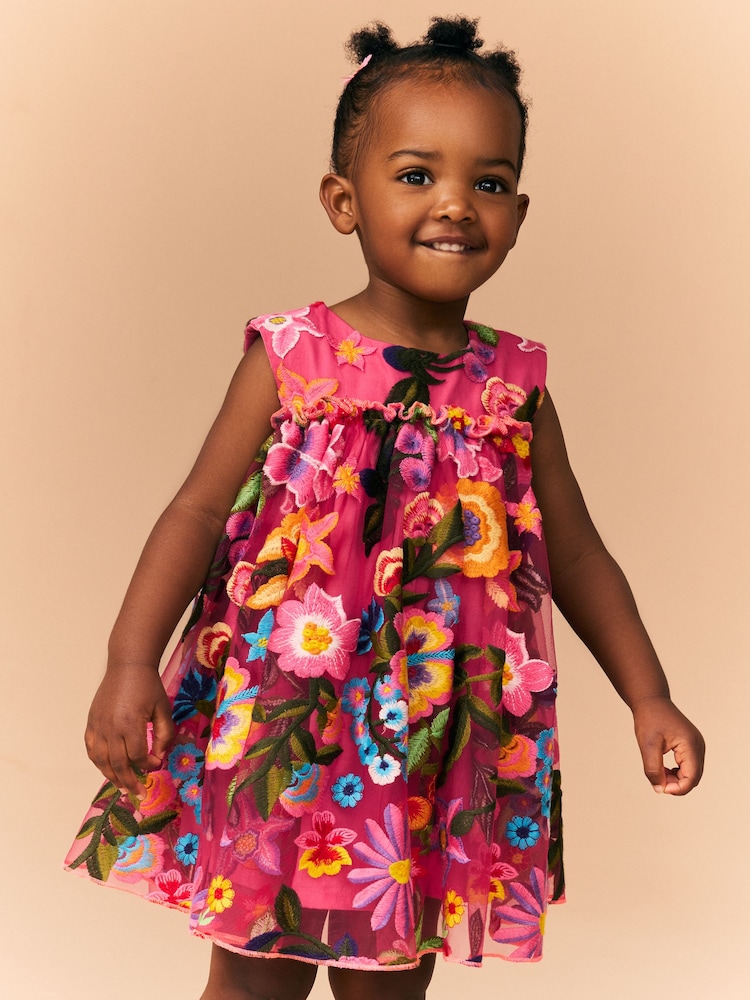 Bright Pink Embroidered Party Dress (3mths-8yrs) - Image 1 of 8