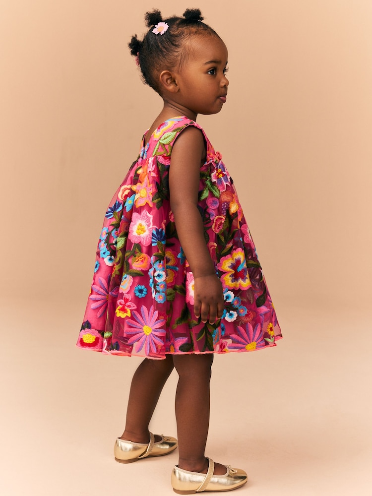 Bright Pink Embroidered Party Dress (3mths-8yrs) - Image 3 of 8