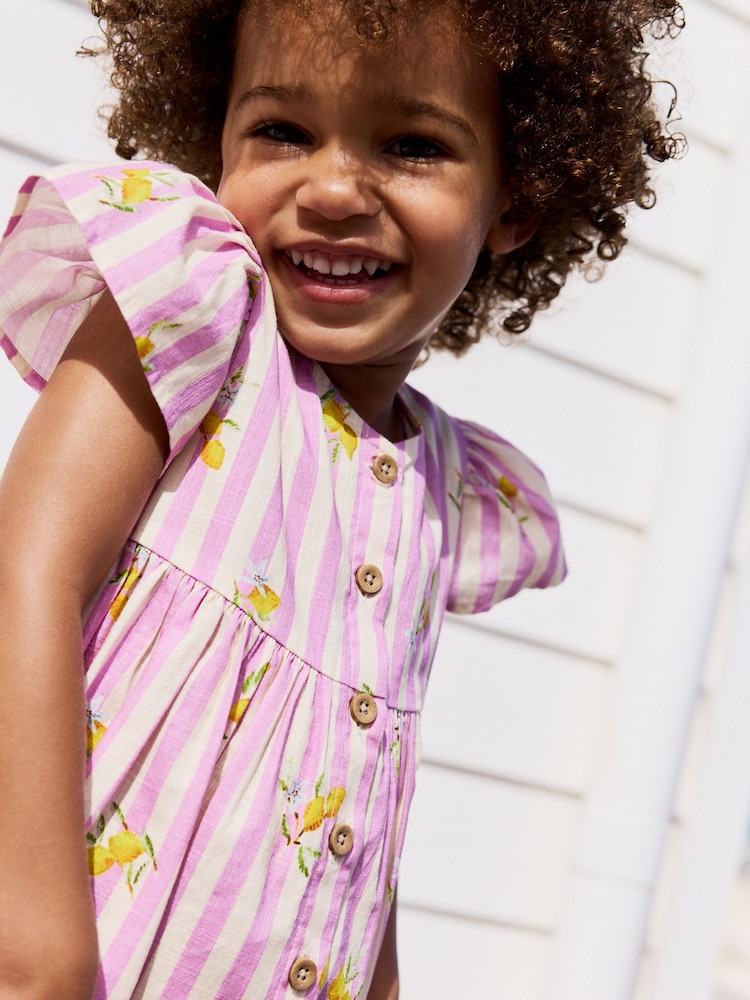 Lilac/White Lemon Stripe Button Up Summer Dress (3mths-10yrs) - Image 3 of 6