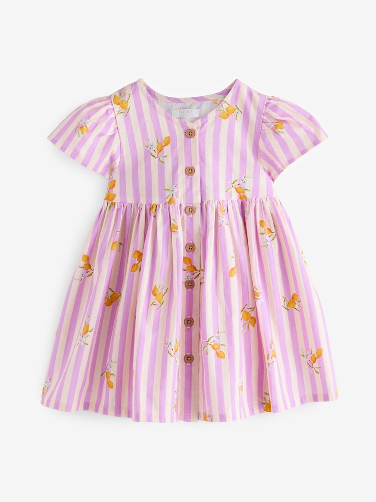 Lilac/White Lemon Stripe Button Up Summer Dress (3mths-10yrs) - Image 4 of 6
