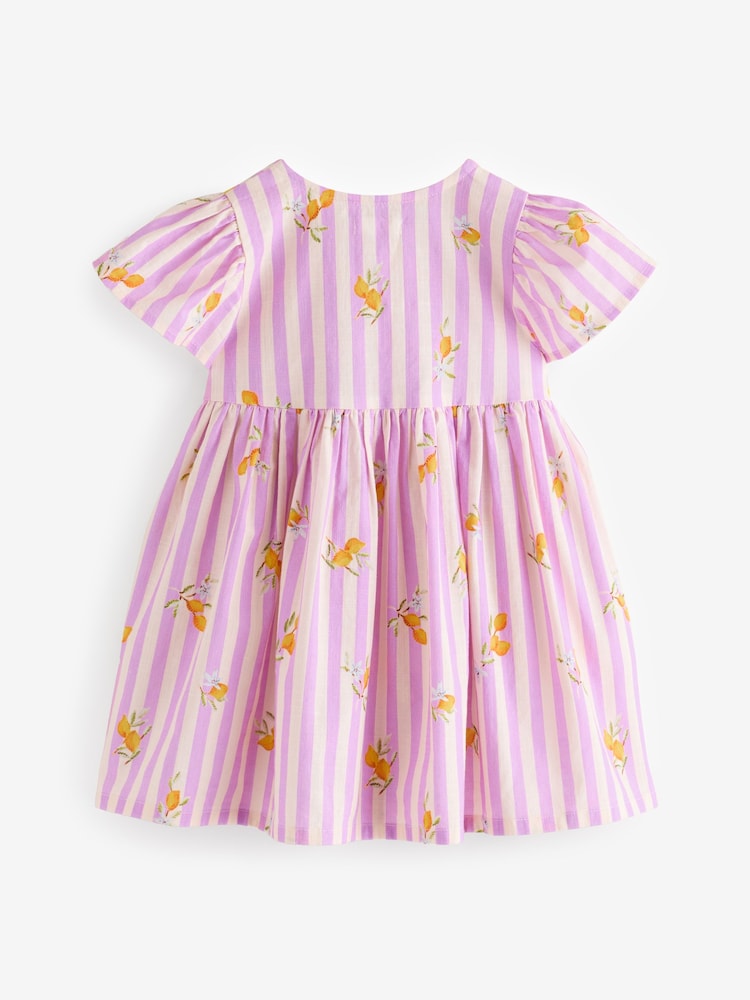 Lilac/White Lemon Stripe Button Up Summer Dress (3mths-10yrs) - Image 5 of 6