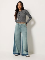 PixieGirl Petite Blue Frayed Hem Wide Leg Jeans - Image 1 of 5