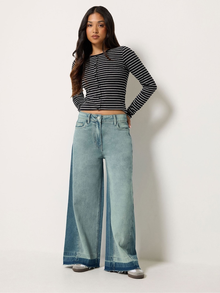 PixieGirl Petite Blue Frayed Hem Wide Leg Jeans - Image 1 of 5 PixieGirl Petite Blue Frayed Hem Wide Leg Jeans - Image 1 of 5