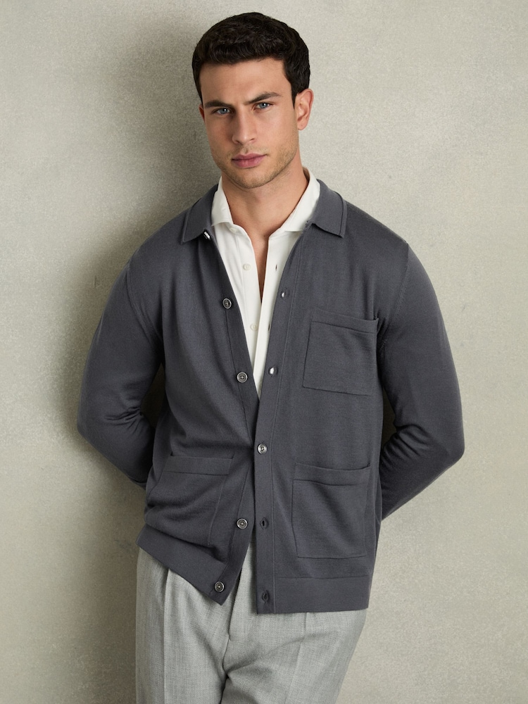 Blackend modra - Reiss Munich Merino Wool z gumbi po celotni dolžini pletena jopa - Slika 1 iz 7