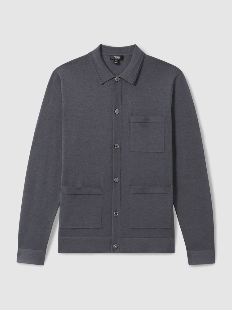 Blackend modra - Reiss Munich Merino Wool z gumbi po celotni dolžini pletena jopa - Slika 2 iz 7