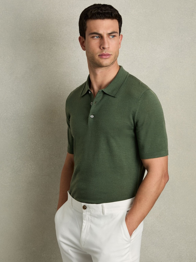 Reiss Dark Kale Green Manor Merino Wool Short-Sleeve Polo Shirt - Image 1 of 5