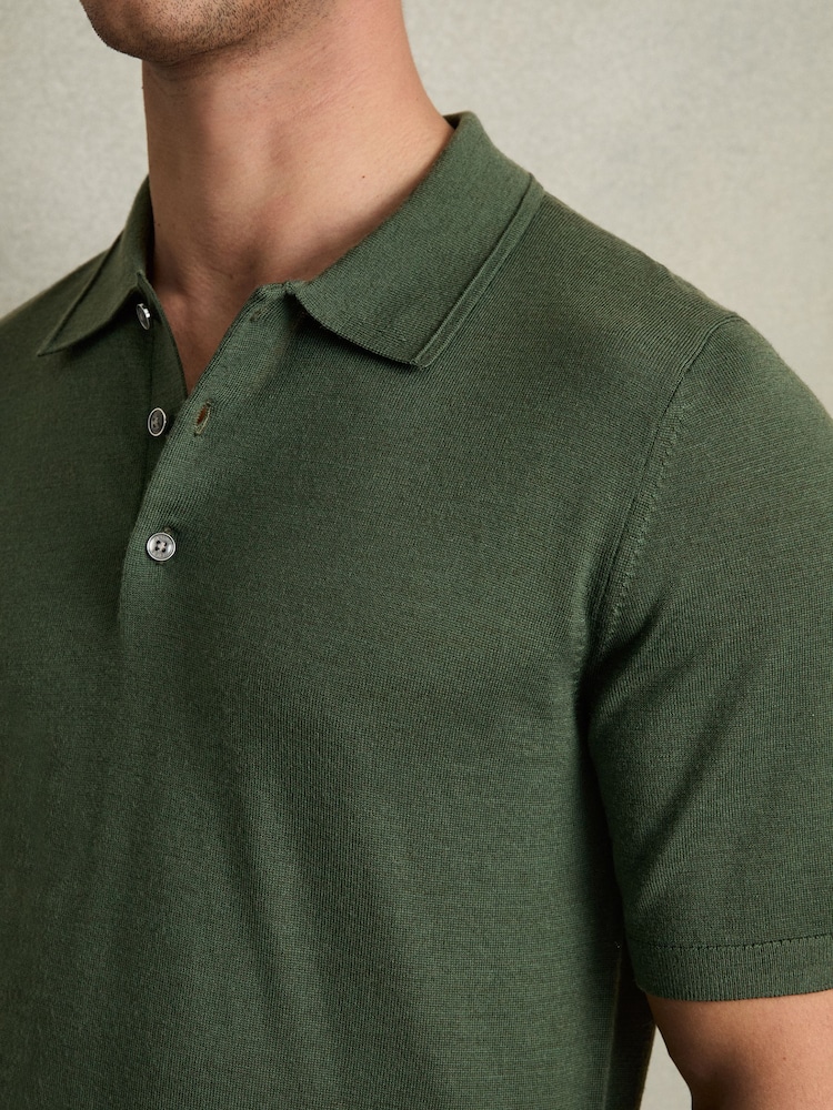 Reiss Dark Kale Green Manor Merino Wool Short-Sleeve Polo Shirt - Image 3 of 5