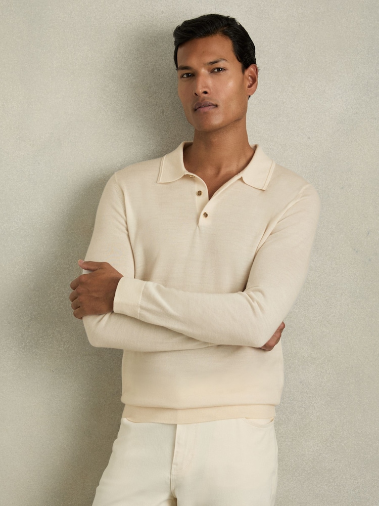 Reiss Snow White Trafford Merino Wool Polo Shirt - Image 1 of 7