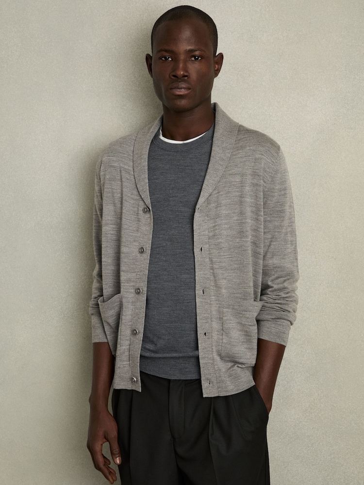 Reiss Warm Grey Melange Taunton Merino Wool Shawl-Collar Cardigan - Image 1 of 6